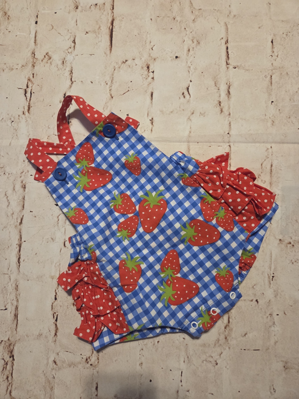 Eleanor Rose Blue Gingham Strawberry Romper with Red Accents
